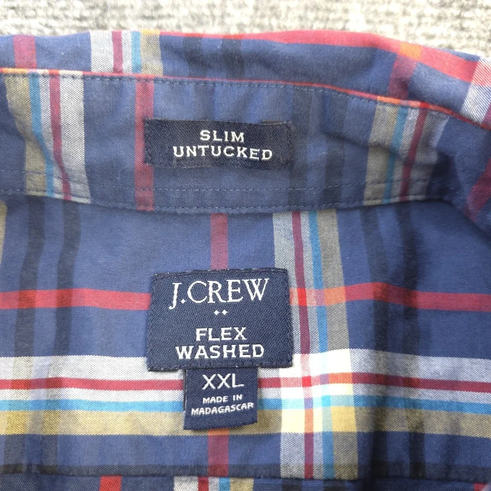 J Crew Flex Washed Shirt 2XL Slim Untucked Blue Plaid Long Sleeve‎ Button Down